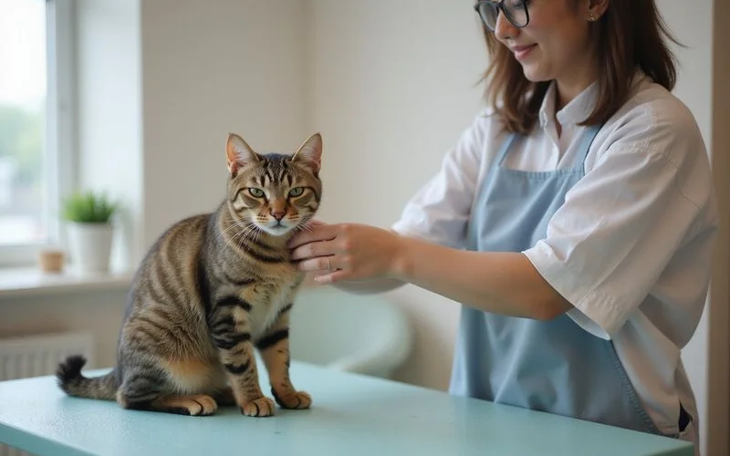 A calm cat sitting on a grooming table while a patient groomer in Puchong gently trims its fur with professional scissors