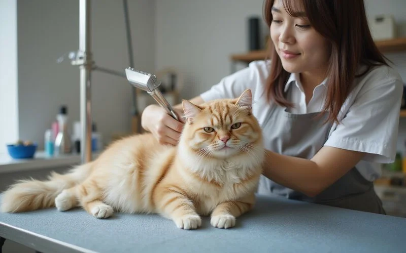 A small tabby cat being gently held by a groomer wearing gloves in a clean and bright pet grooming facility with grooming tools visible in the background