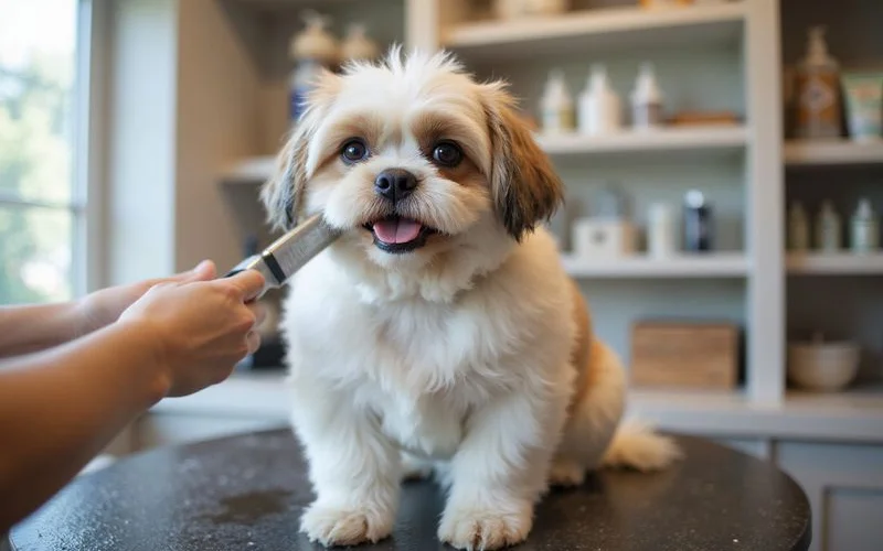 A fluffy golden retriever sitting calmly on a grooming table while a professional groomer in an apron brushes its coat in a clean, well-lit pet salon