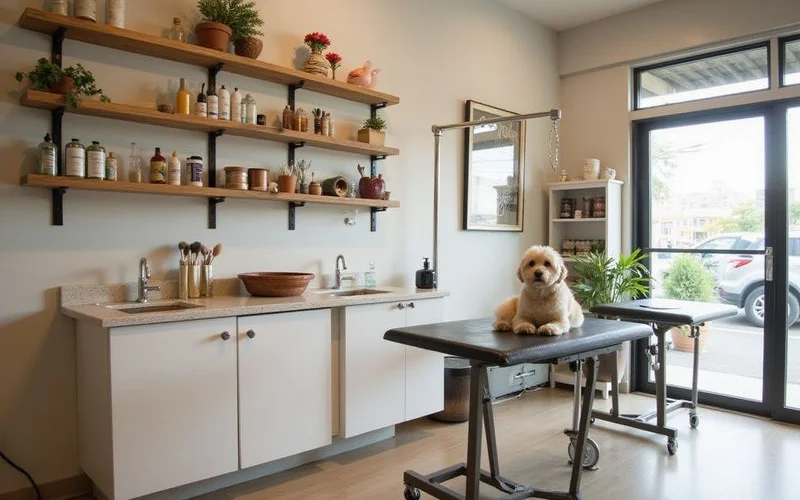 A professional pet groomer carefully bathing a fluffy dog in a clean, well-lit salon in Subang Jaya with grooming tools neatly arranged nearby